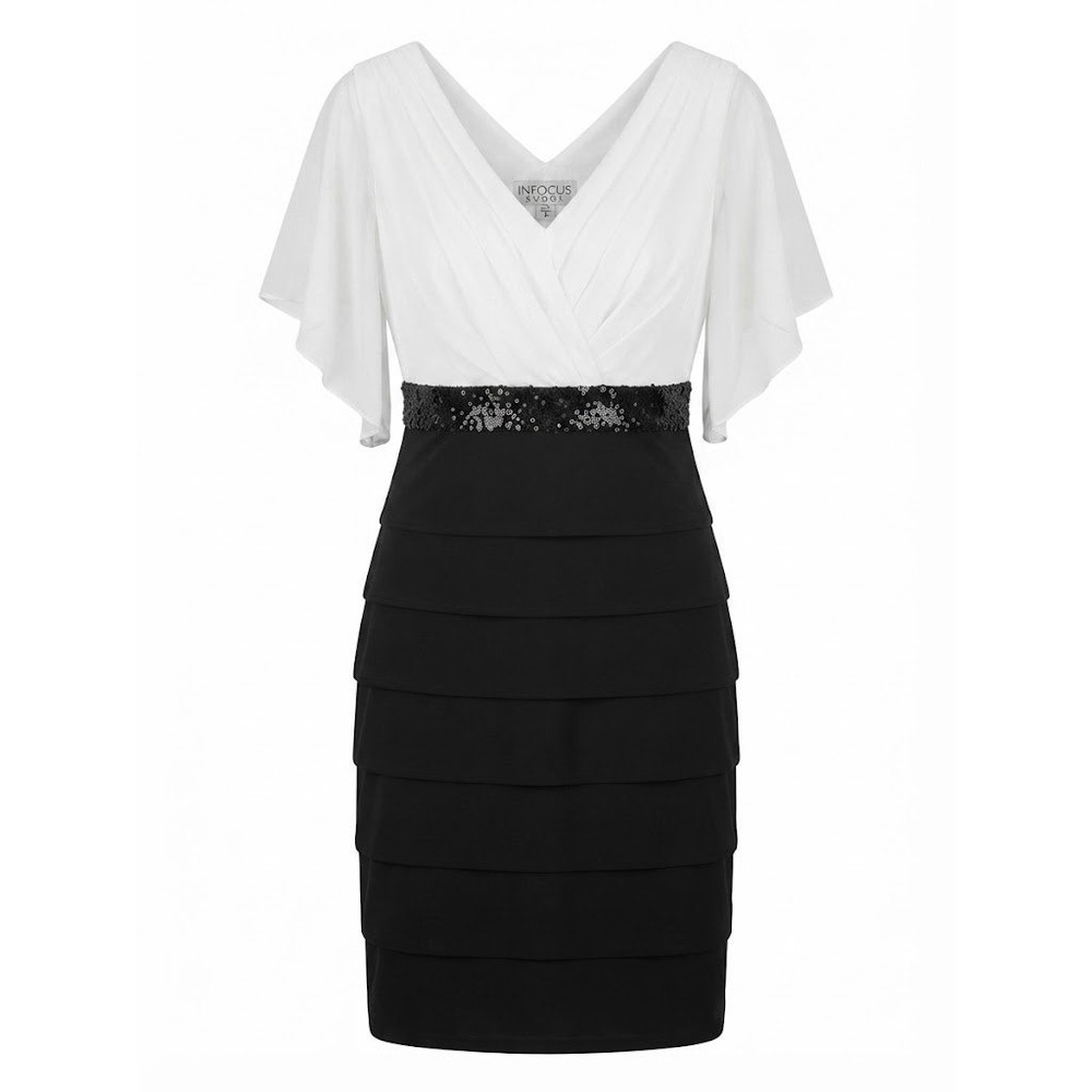 Enfocus Cocktail Dress Womens 10 Black White Sequin Tiered Ruffle Evening Formal